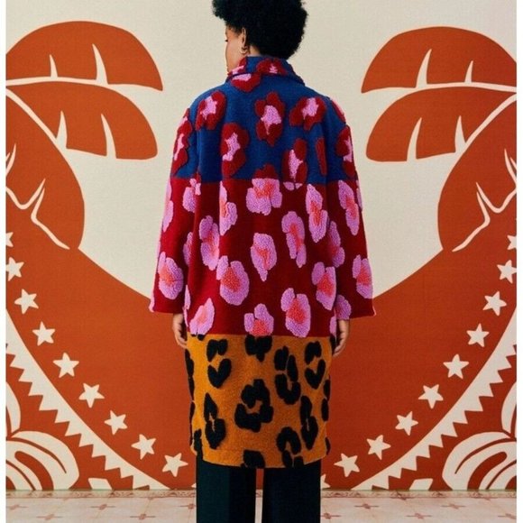 FARM Rio Coat L Mixed Leopards Fleece Coat Pink Multi Belted Cozy - Picture 3 of 15